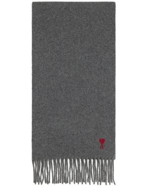 Ami Paris Wool Scarf With Ami De Coeur - Grey