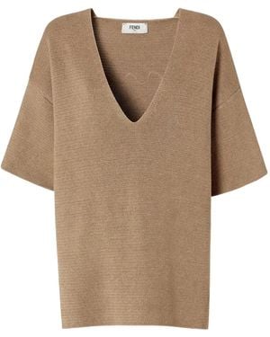 Fendi Embroidered V-Neck Top - Natural