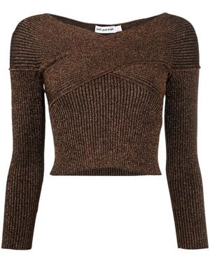 Self-Portrait Off-Shoulder Metallic Knitted Top - Brown