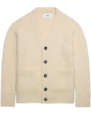 Ami Paris V-Neck Rib-Knit Cardigan - Natural