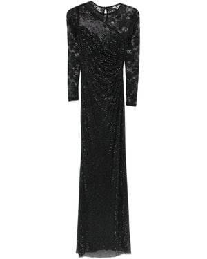 Self-Portrait Rhinestone Lace Sleeves Maxi Dress - Black