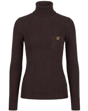 Elisabetta Franchi Ribbed-Knit Logo Turtleneck Jumper - Brown