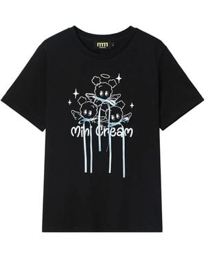 Mini Cream Graphic-Print Bow-Details Cotton T-Shirt - Black