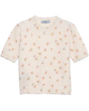 Prada Floral Print Wool Crew-Neck Jumper - White