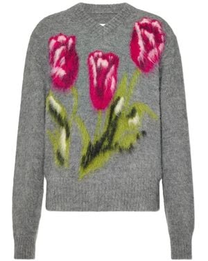 Maison Margiela Jersey Con Motivo Floral En Intarsia - Gris