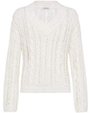 Brunello Cucinelli Cable-Knit Open-Work Sweater - White