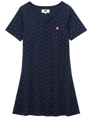 Chocoolate Cherry Print V-Neck Dress - Blue