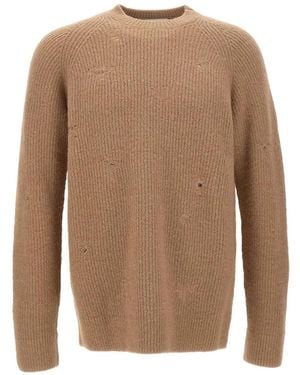 Laneus Distressed Fisherman-Rib Sweater - Brown