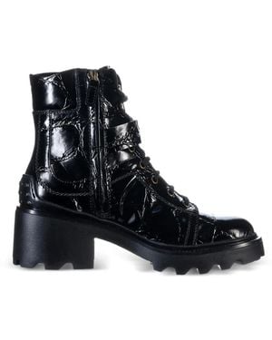 Tod's Croc-Effect Buckled Combat Boots - Black