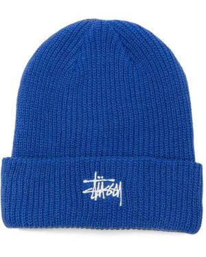 Stussy Logo-Embroidered Ribbed-Knit Beanie Hat - Blue