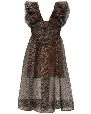 Ganni アニマルプリント ラッフルドレス - ブラウン