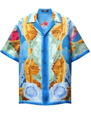 Versace Printed Silk Twill Slim Shirt - Blue