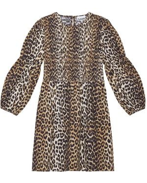 Ganni Gesmockte Mini-Jurk Met Luipaardprint - Wit