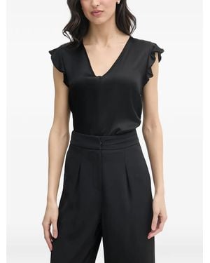 GAUDI Ruffle-Sleeve V-Neck Top - Black