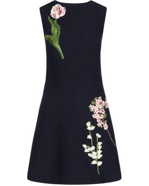 Oscar de la Renta Botanical-Embroidered A-Line Mini Dress - Blue