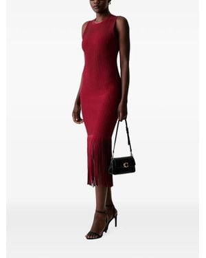 DKNY Midi Ribbed-Knit Fringe-Trim Dress - Red