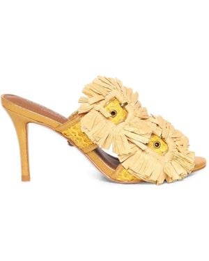 Kurt Geiger Raffia-Fringe Floral-Embellished Sandals - Metallic