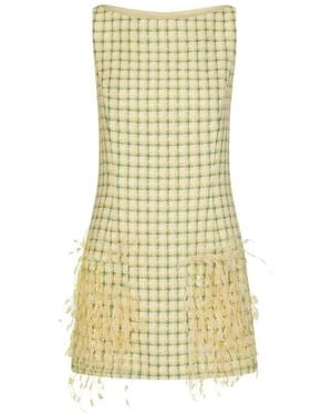 Oscar de la Renta Checked Tweed Feather Embroidery Mini Dress - Yellow