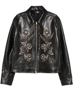 Amiri Lederjacke Mit Blumenstickerei - Schwarz