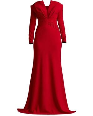 Tadashi Shoji Off-Shoulder V-Neck Pleated Gown - Red