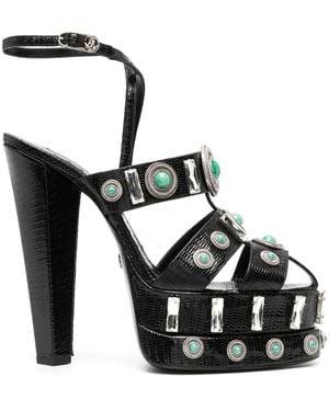 Roberto Cavalli Gemstone-Detail Leather Platform Sandals - Black