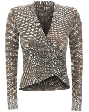 Self-Portrait Rhinestone Mesh Wrap Top - Grey