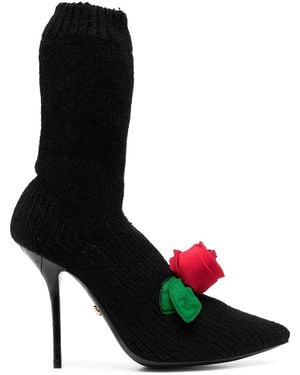 Dolce & Gabbana Knitted Style Rose Calf Boots - Black