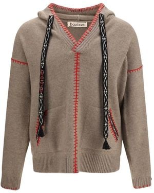 BAZISZT Contrast-Stitch Hooded Jumper - Brown
