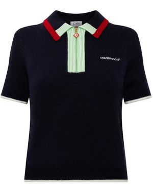 CASABLANCA Logo-Embroidered Zip-Up Polo Shirt - Blue
