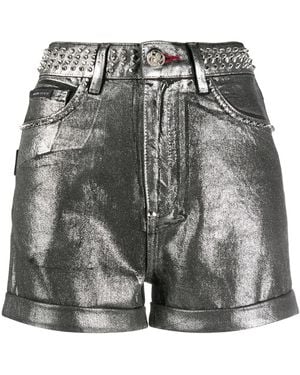 Philipp Plein Metallic-Print Studded Shorts - Grey