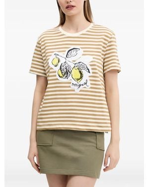 Desigual Graphic-Detail Striped Cotton T-Shirt - Natural