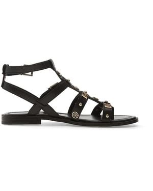 Guess Yazza Logo-Plaque Leather Flat Sandals - Black