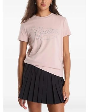 Guess Logo-Embroidered Rhinestone-Embellished T-Shirt - Pink