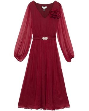 Nissa Floral Embellished Belted Dress - Red