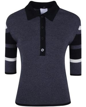Mantu Ribbed-Knit Striped-Sleeve Polo Top - Blue