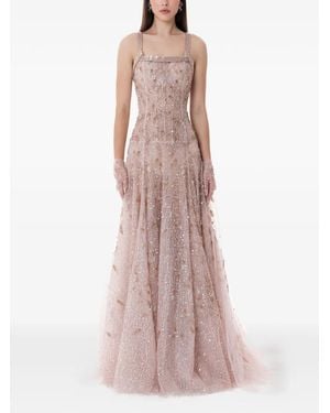 Dina Melwani Hand-Embroidered Stardust Tulle Maxi Gown - Pink