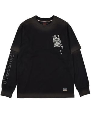Evisu Fortune Cat Graphic-Print Layered-Sleeve T-Shirt - Black