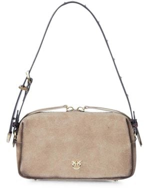 Pinko Trittico Suede Snakeskin-Print Shoulder Bag - Natural