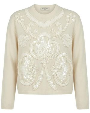 Valentino Garavani Sequin-Embellished Floral-Patch Jumper - White