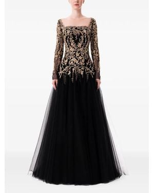 Dina Melwani Embellished Tulle Maxi Dress - Black