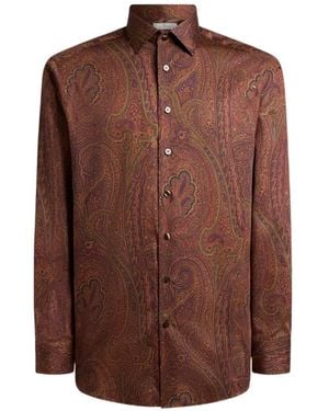 Etro Cotton Satin Shirt With Arnica Motif - Brown