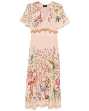 Etro Floral Print V-Neck Dress - Pink