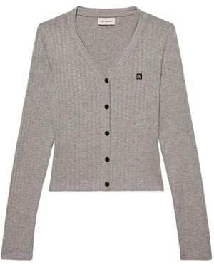 Calvin Klein Ribbed-Knit Logo-Patch Cardigan - Grey