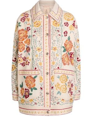 Free People Floral-Embroidered Denim Jacket - White