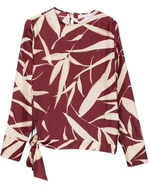 Caliban Leaf-Print Side-Tie Blouse - Red