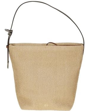 Pinko Woven Buckle-Strap Bucket Bag - White
