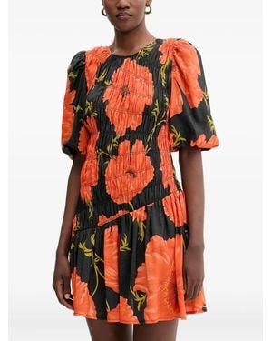 Never Fully Dressed Shirred Floral Midi Dress - Orange
