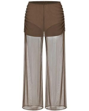 Exilia Sheer Ruched-Detail Palazzo Trousers - Brown