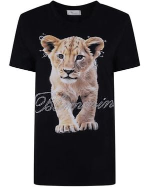 Blumarine Camiseta Con León Estampado Y Cristales - Negro