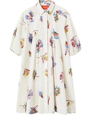 La DoubleJ Sunburst Floral-Print Puff-Sleeve Mini Dress - White